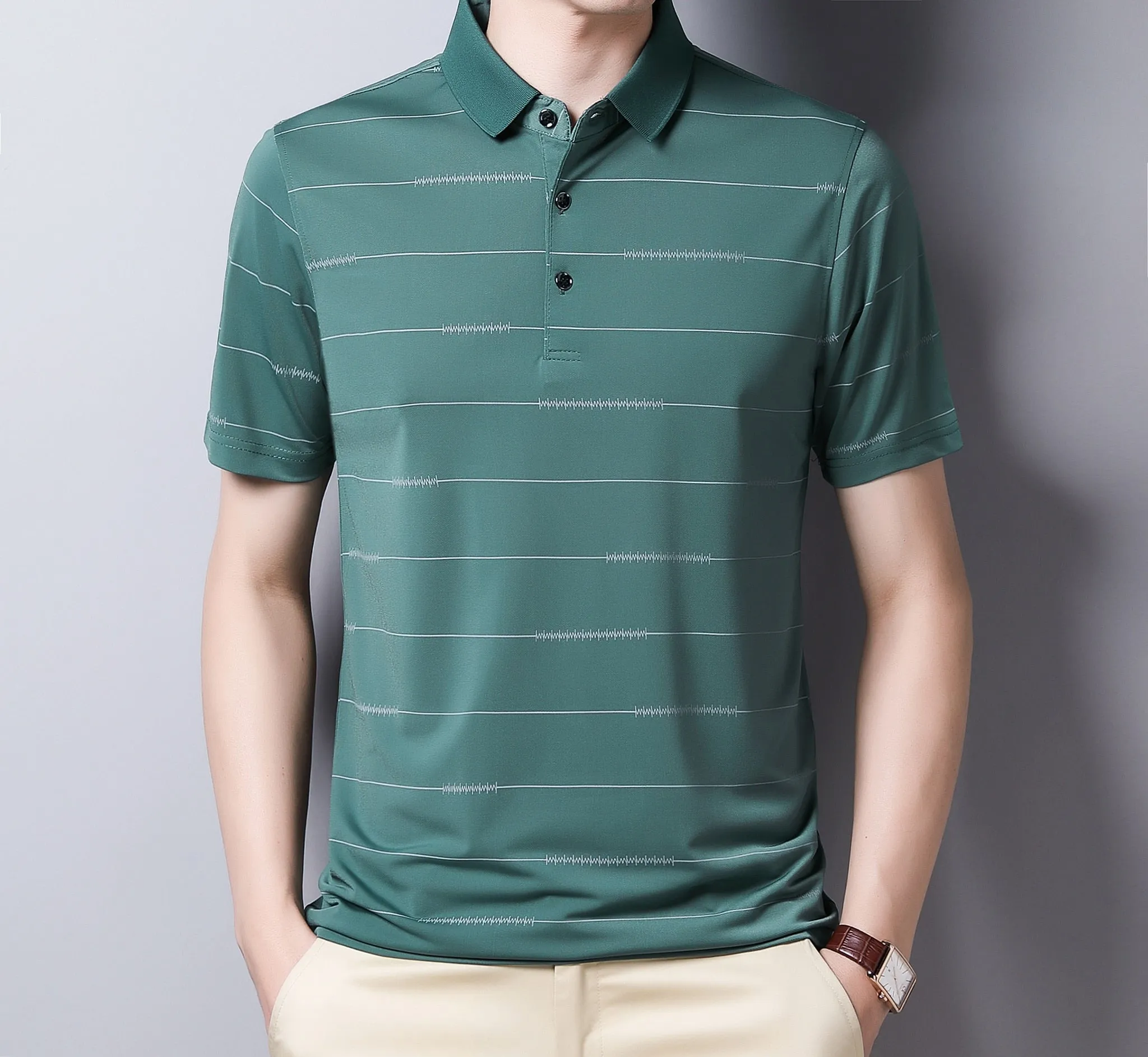 Summer Oversized T Shirt Men's Short Sleeved Striped Breathable Anti-wrinkle Turn-down Collar Clothing