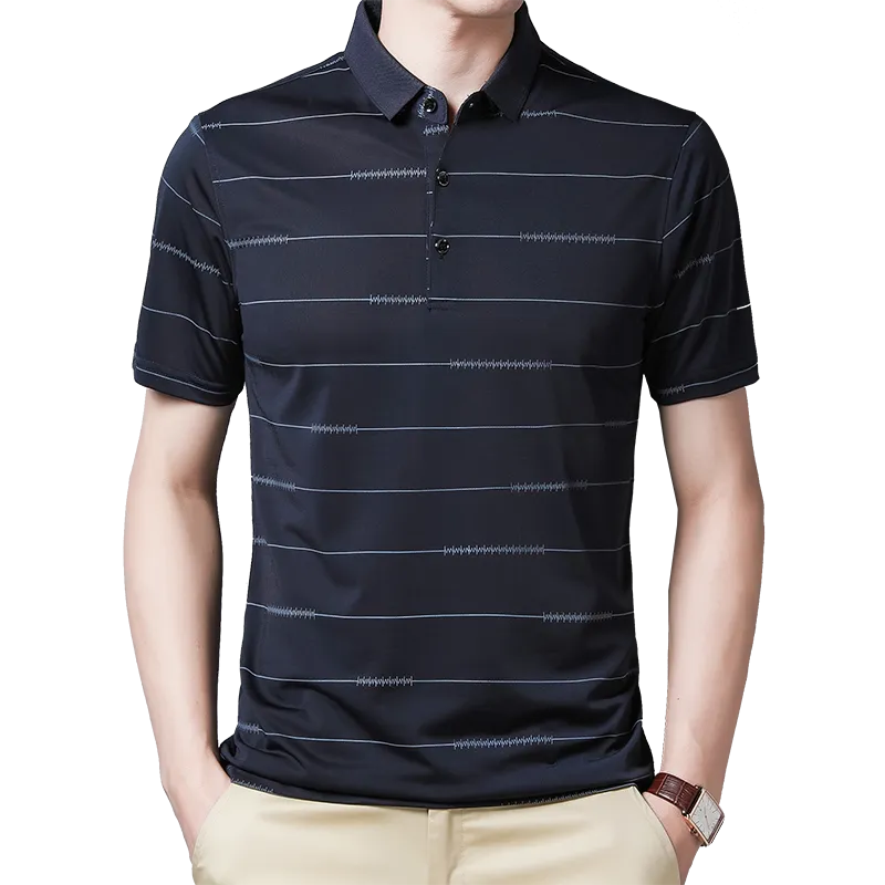 Summer Oversized T Shirt Men's Short Sleeved Striped Breathable Anti-wrinkle Turn-down Collar Clothing