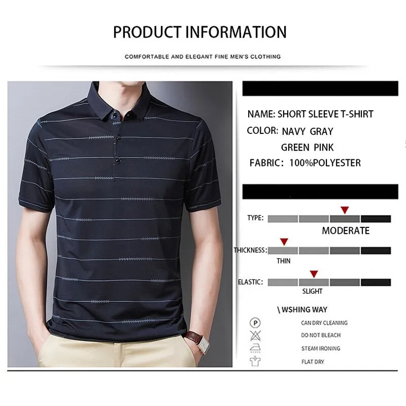 Summer Oversized T Shirt Men's Short Sleeved Striped Breathable Anti-wrinkle Turn-down Collar Clothing