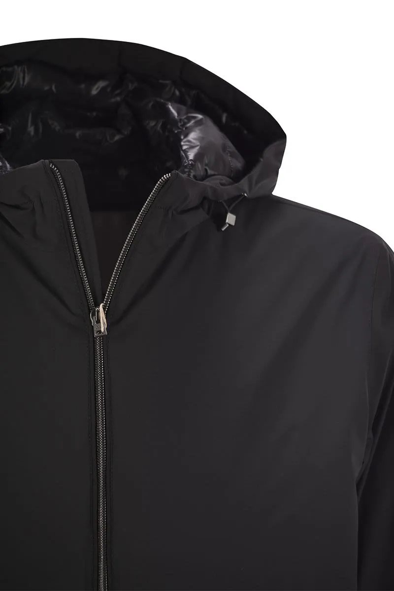 TECHNICAL FABRIC BOMBER JACKET WITH HOOD