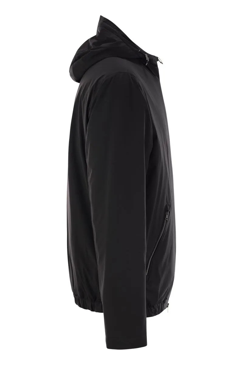 TECHNICAL FABRIC BOMBER JACKET WITH HOOD