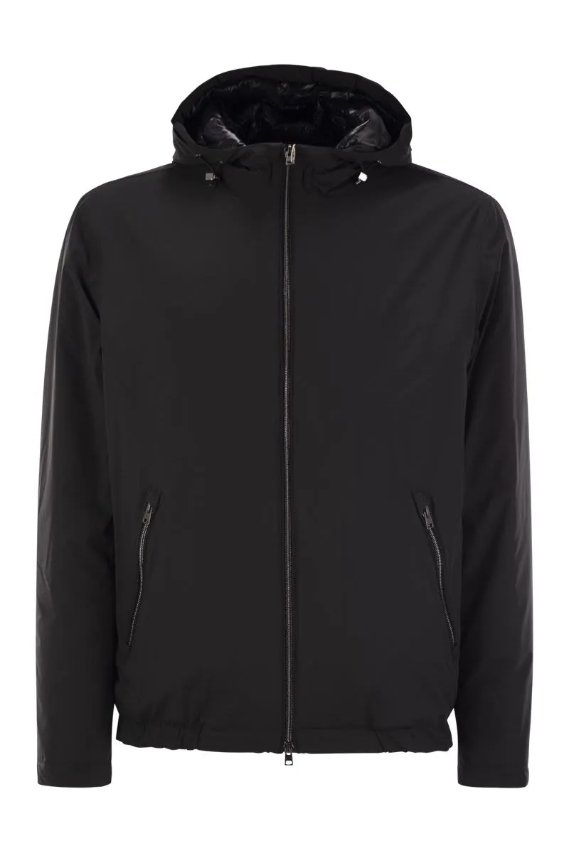 TECHNICAL FABRIC BOMBER JACKET WITH HOOD