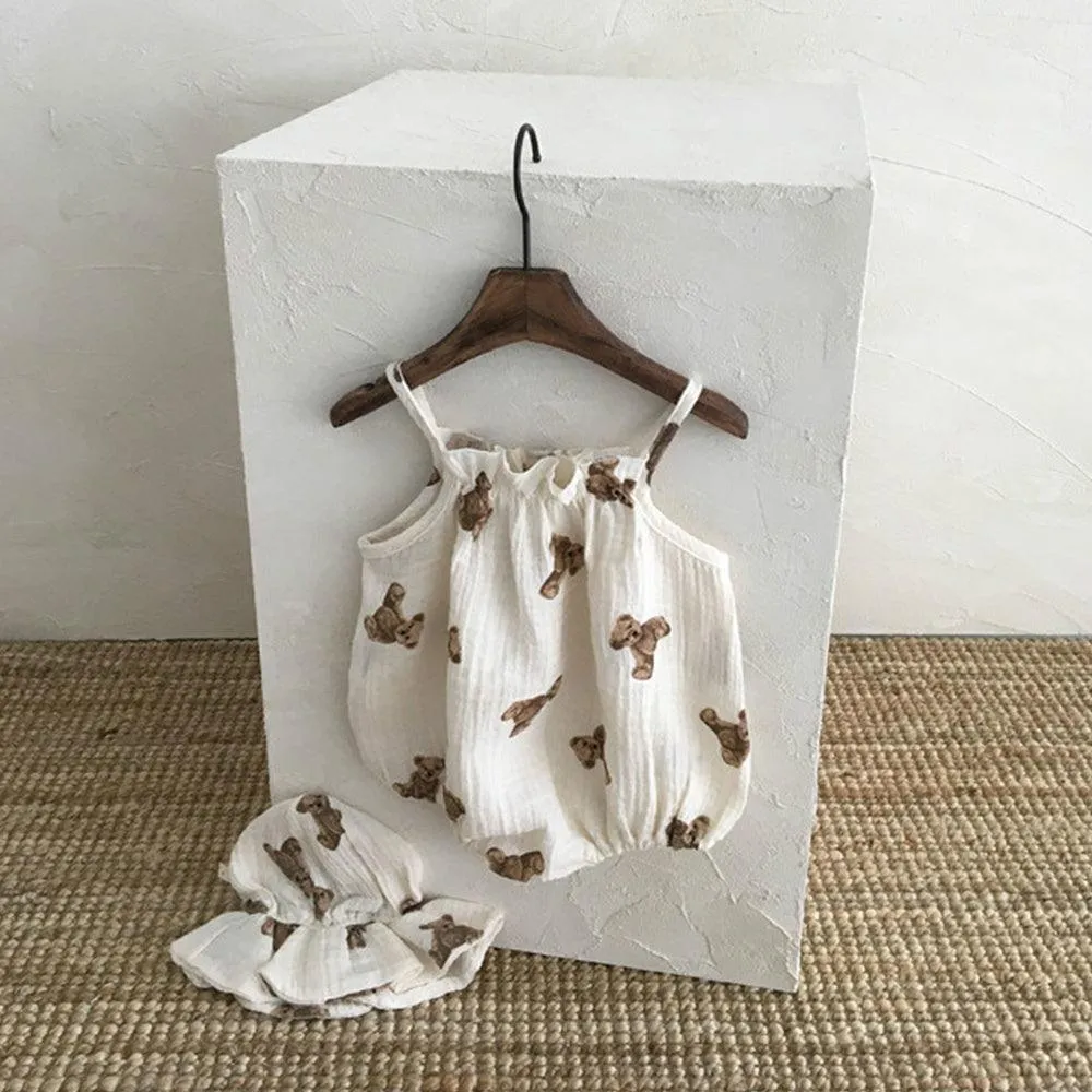 Teddy Bear Gauze Sleeveless Romper