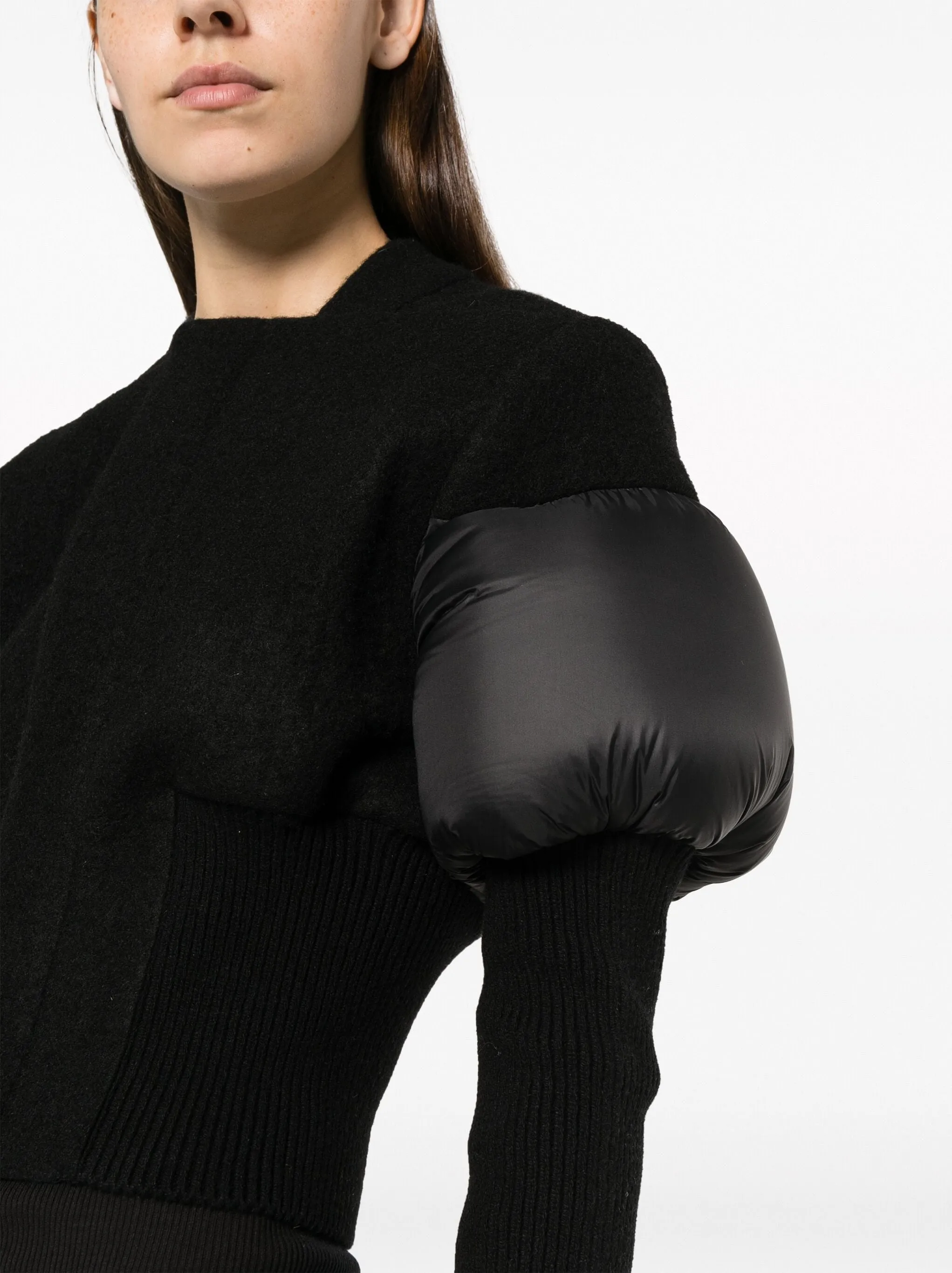 Women’s Cropped Padded Paneled Ribbed Knit Jacket in Black